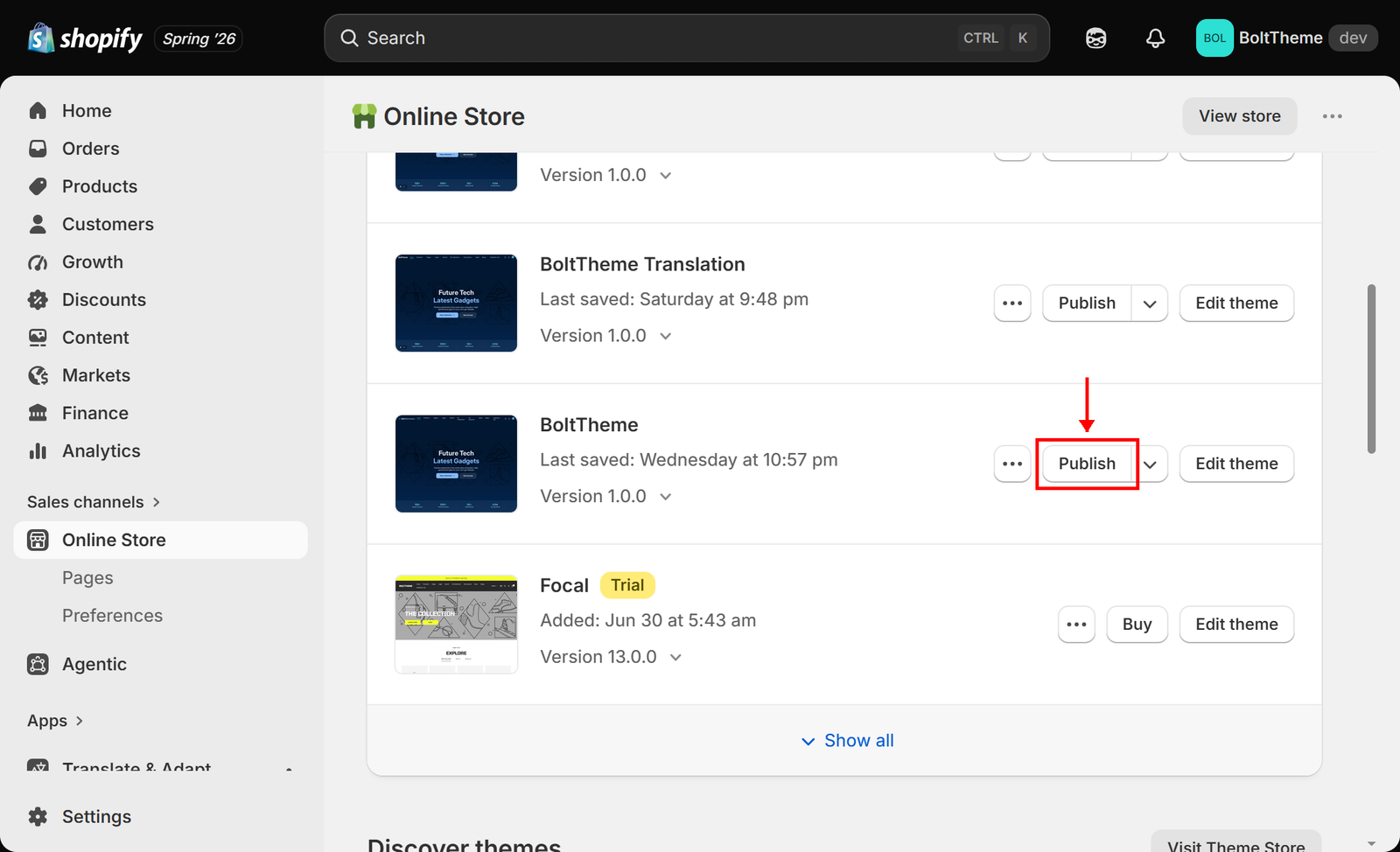 Active Publish button placement next to BoltTheme inside the Theme Library list