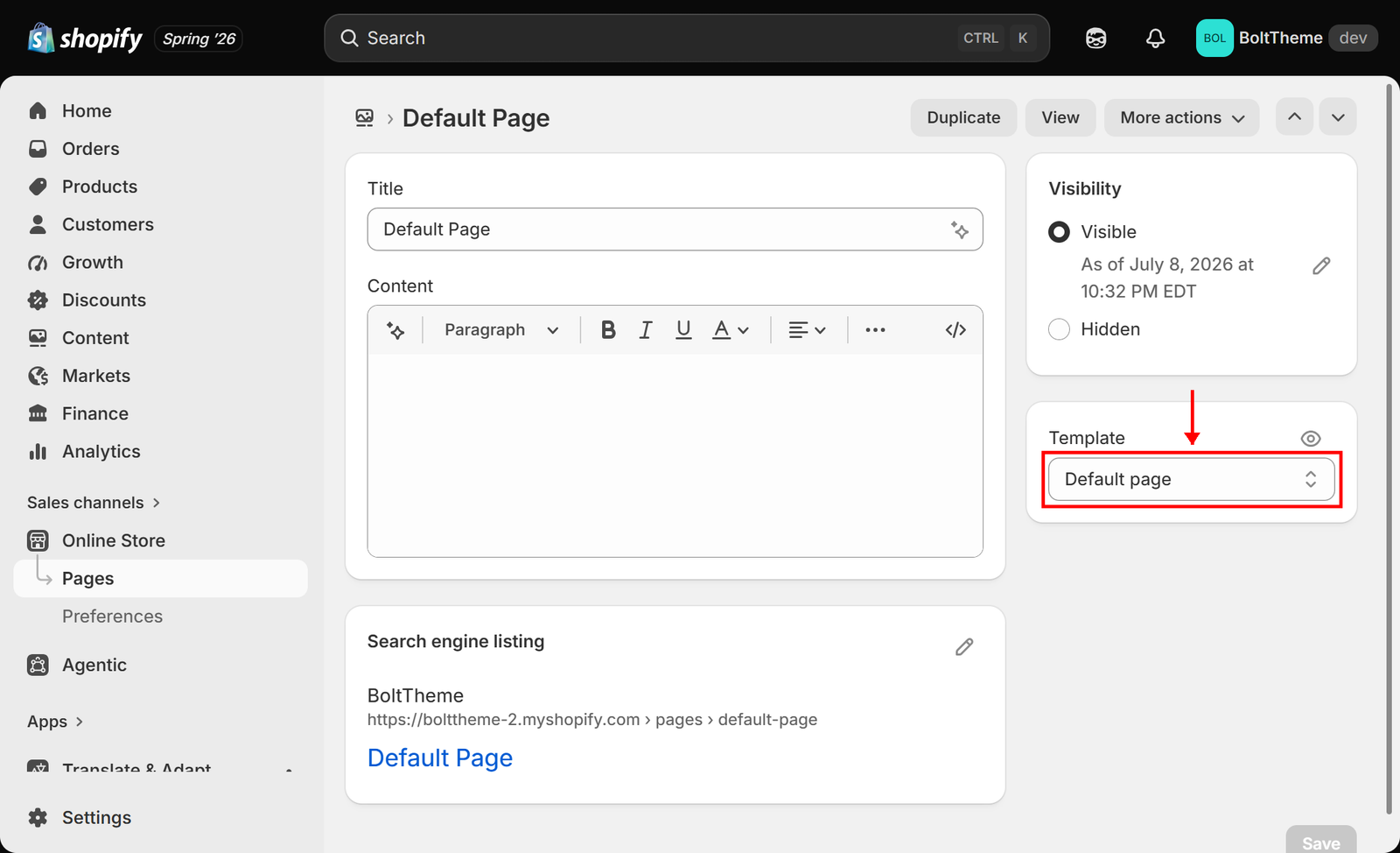 Theme template dropdown in the Shopify Admin page editor showing available JSON options