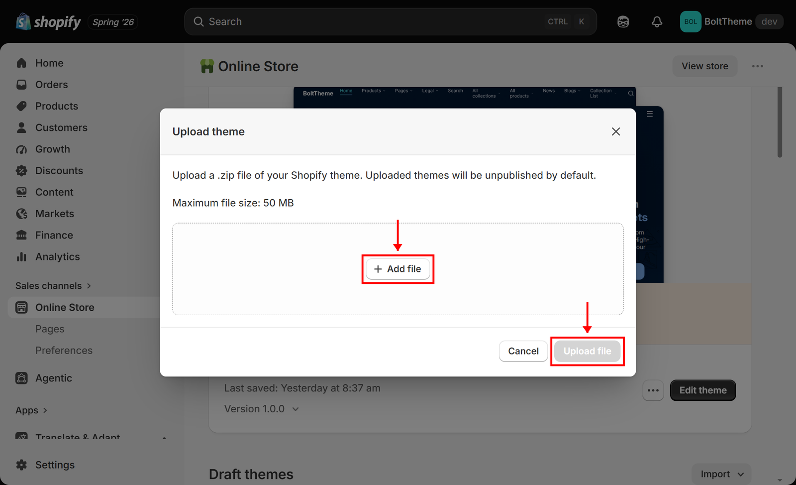 Upload zip file popup modal displaying file picker and upload submission button