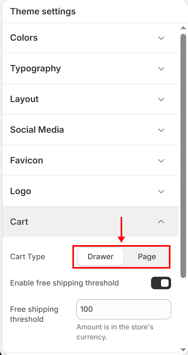 Cart settings panel displaying Cart Type dropdown and Free Shipping threshold settings