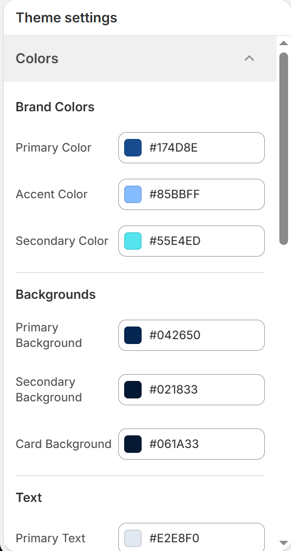 Color settings panel displaying the brand color selectors and background swatches