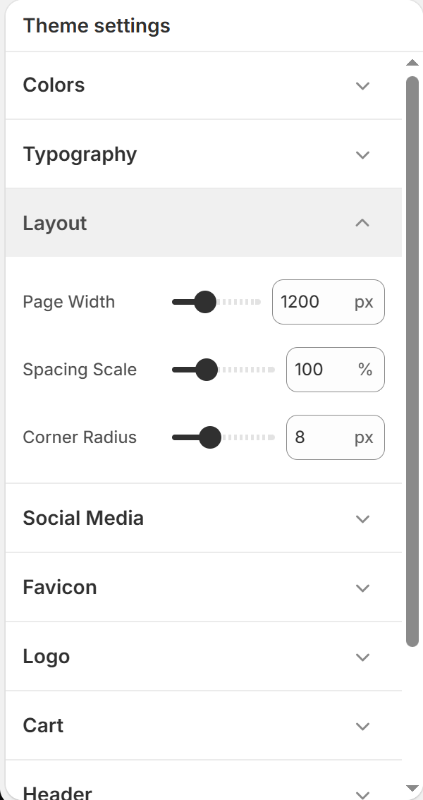 Layout panel showing options for Page Width slider, Spacing scale, and Corner Radius