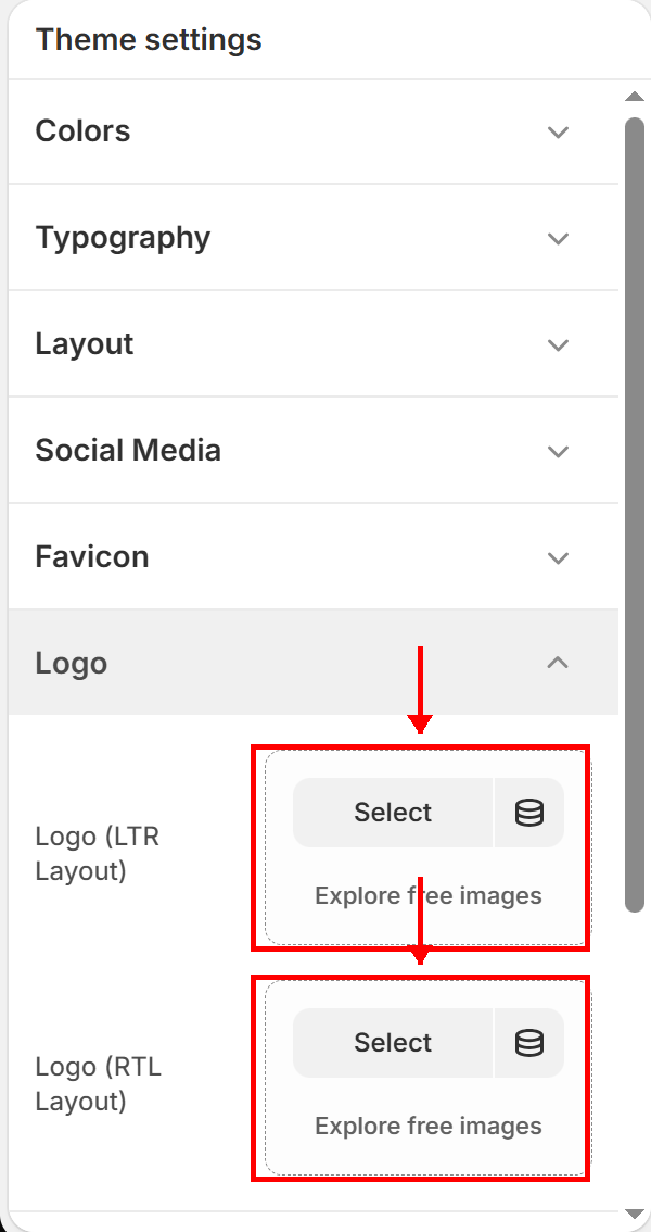 Logo settings displaying separate upload slots for LTR and RTL logo files