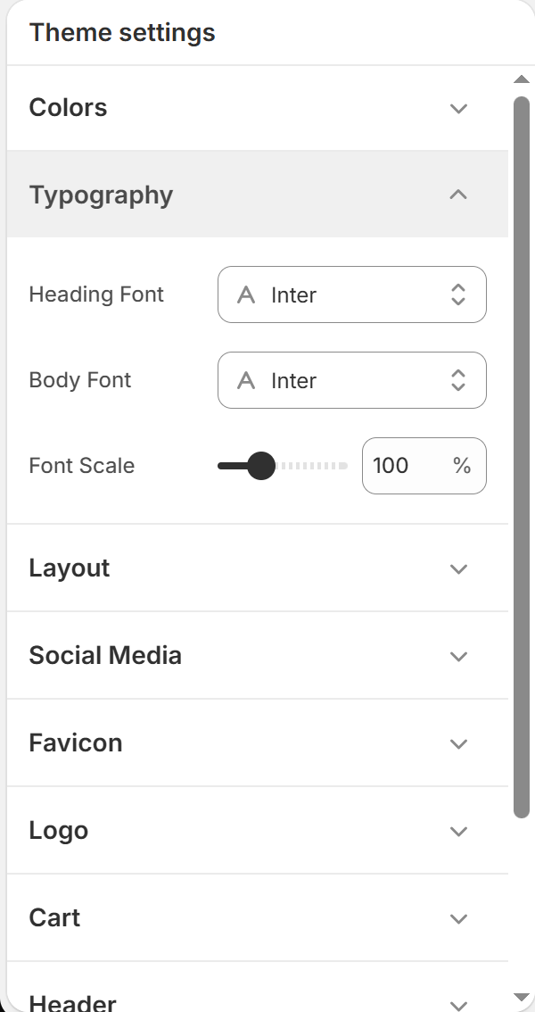 Typography settings panel displaying Font family selectors and the global Font Scale slider